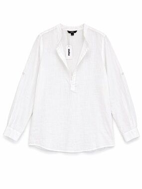 OUKU White Linen Blend Long-Sleeve Casual  Shirt. Large